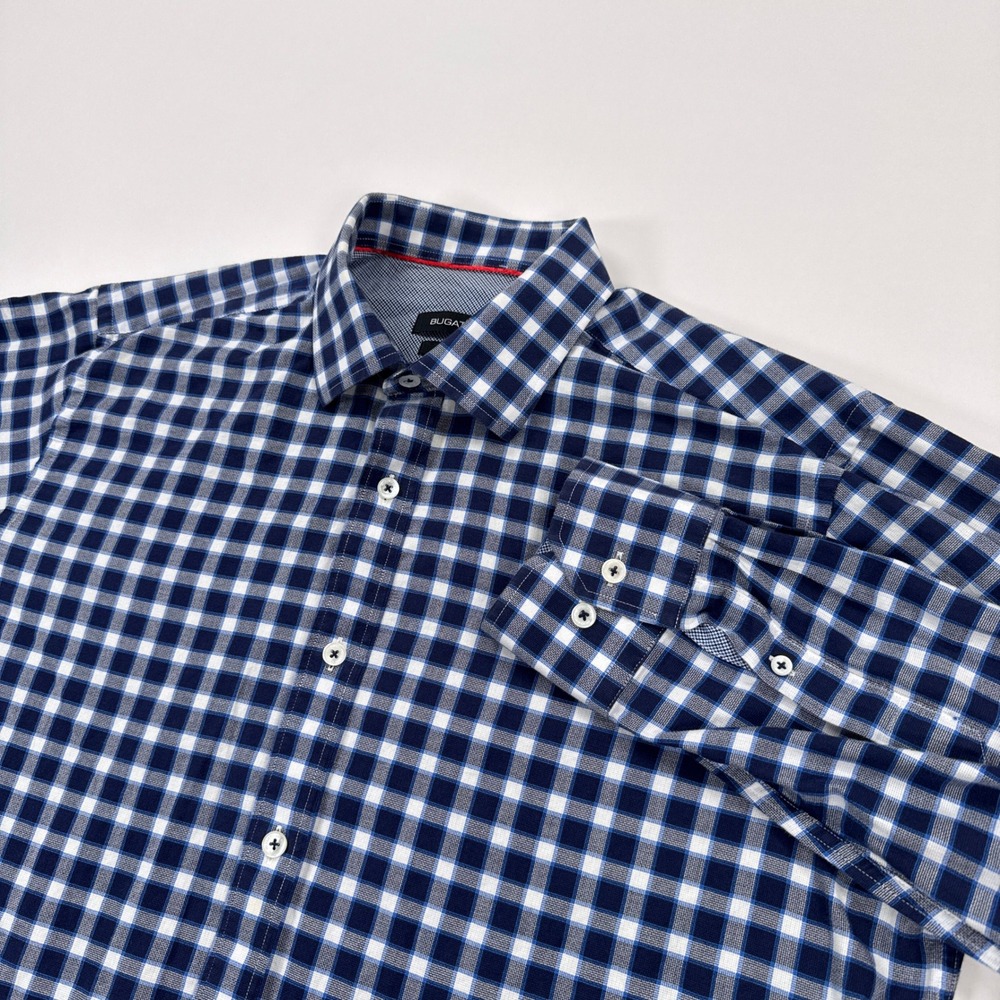 Bugatchi Shirt Mens Medium Blue Gingham Button Up Classic Fit Cotton Preppy